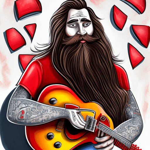 AI generated: Perfect digital painting of a caricature of a man entire body with long hair, short beard and tattoo...