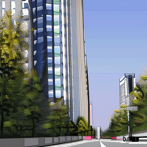 AI generated: In perspective, on the right side of the road leading to a city with tall buildings on a narrower ro...