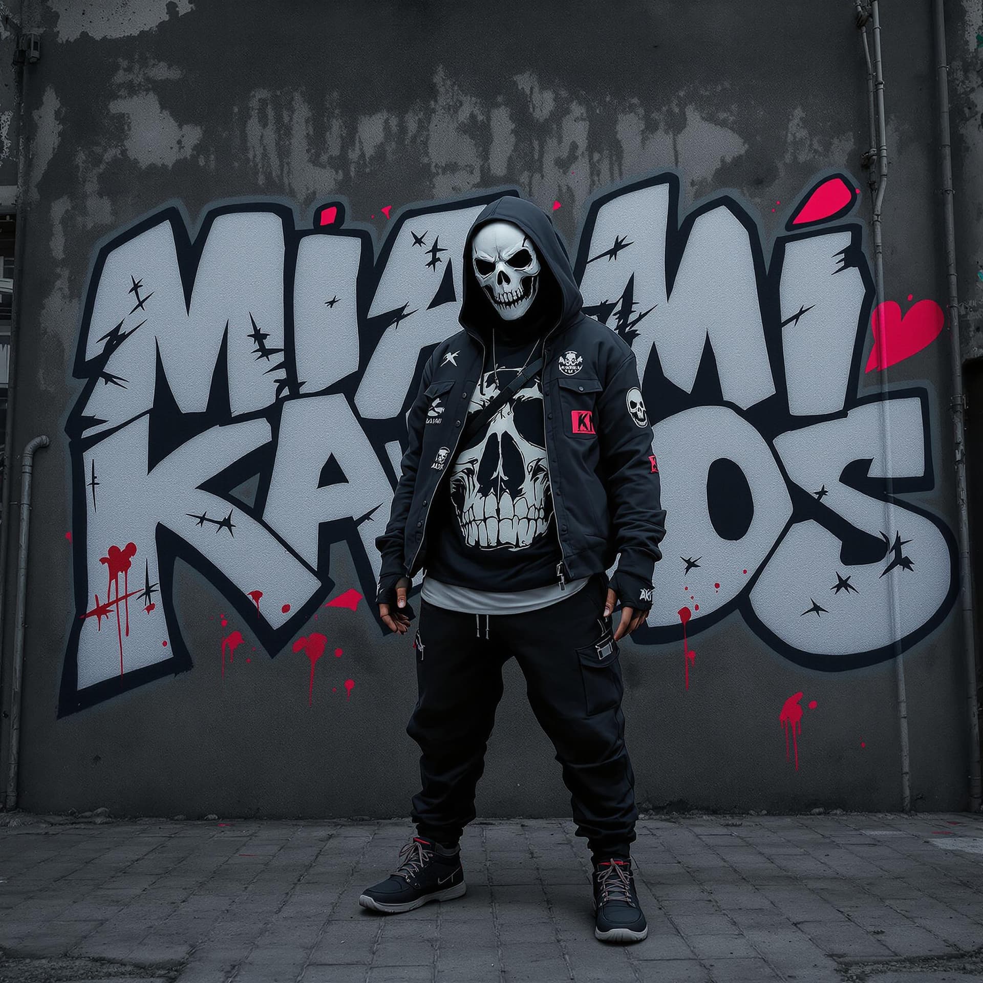 AI generated: full body 3d illustration anime styled graffiti anime character wearing a dark ski mask with a skull...