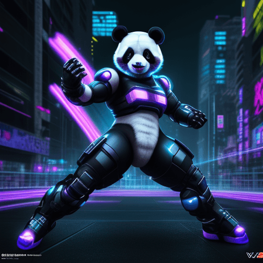 AI generated: Panda with cybercore battle outfit, dynamic pose, full body shot, blacklight night city lights backg...