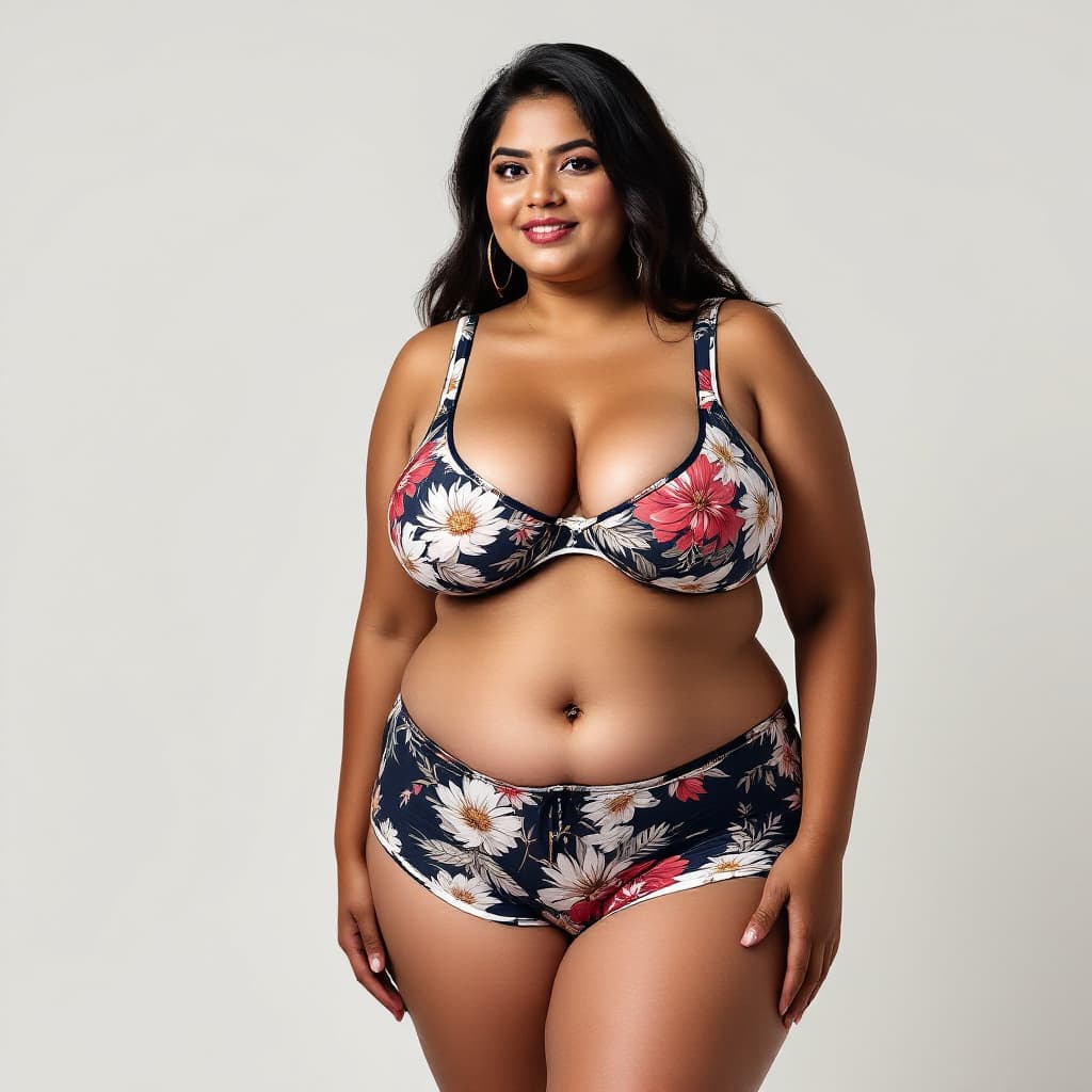 AI generated: Indian women wearing tight printed bra,and shorts, tall, bit chubby, breast size 44ff ,big hips, hyp...
