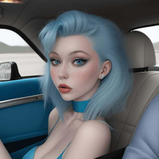 AI generated: disposable photography of beautiful blue hair greta thundberg color model, riding in the backseat of...