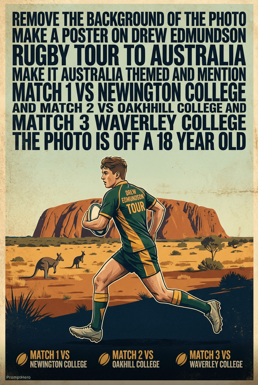 AI generated: Remove the background of the photo make a poster on Drew edmundson rugby tour to Australia make it A...