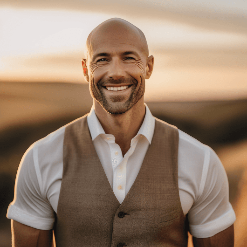 AI generated: A timeless 35-year-old bald man with chiseled features and a captivating smile poses against a neutr...