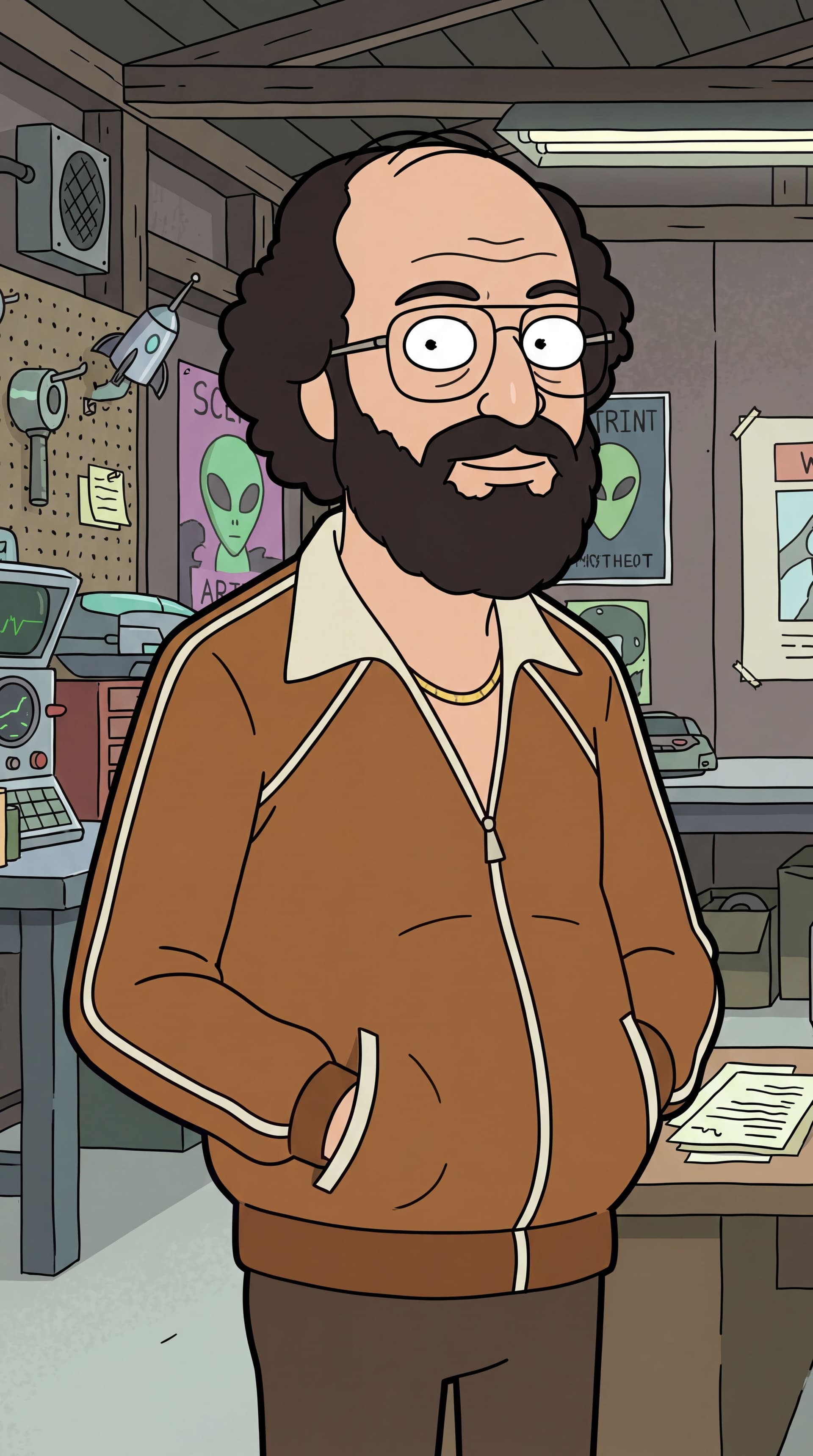 AI generated: Generate full-body cartoon characters Stranger Things Murray Bauman in the iconic Rick and Morty ani...