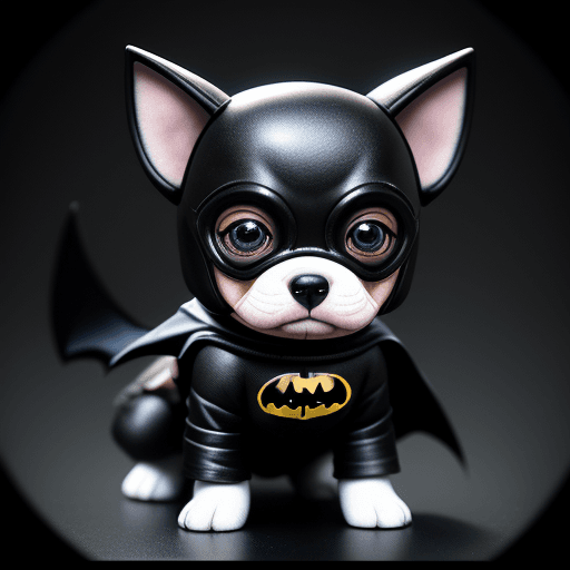 AI generated: Puppy dog with costum batman elegant computer geek, chibi and real style, masterpiece, realistic pho...
