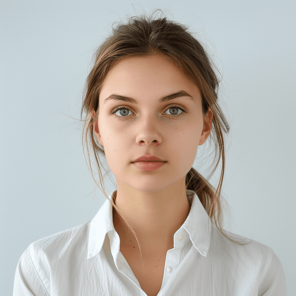 AI generated: formal id photo of a beautiful woman, 18-21 years old, facing forward and looking at the camera, neu...