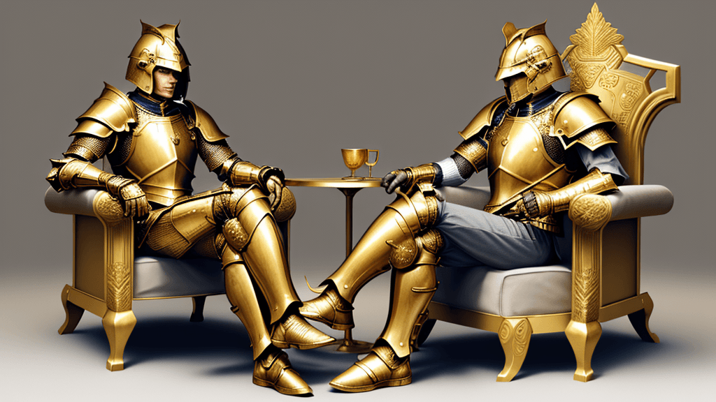 AI generated:  human male gold Armoured warrior with sitting the roale chair
