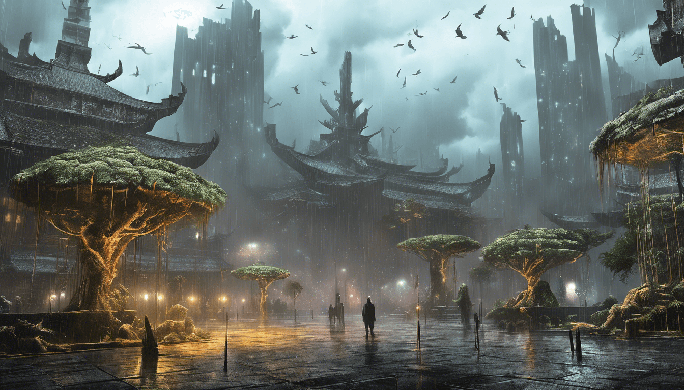 AI generated: Stormy night, end of world gloom, dystopian bladerunner theme, lots of lightening, night, lush europ...
