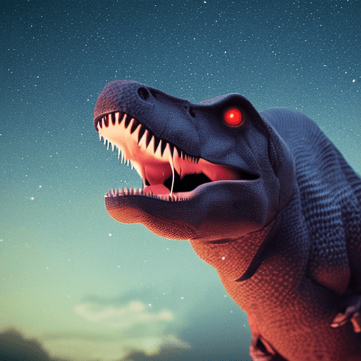 AI generated: photo of a sad t-rex looking at the stars, photorrealistic style, 3d octane render