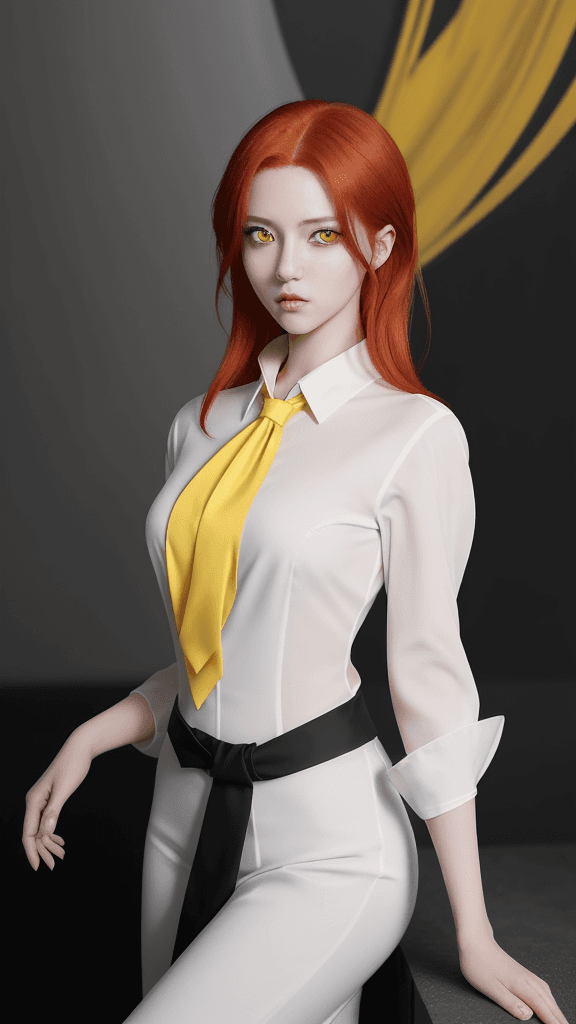 AI generated: A captivating anime-style illustration of a female character with vivid red hair and striking yellow...