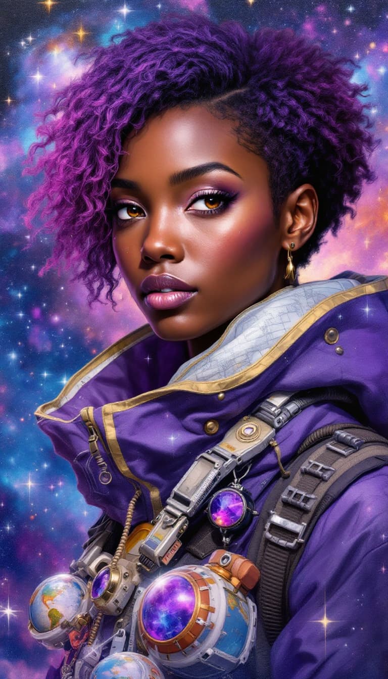 AI generated: "Amethyst Navigator in a Cosmic Galaxy": A captivating abstract painting portrays a navigator, with ...