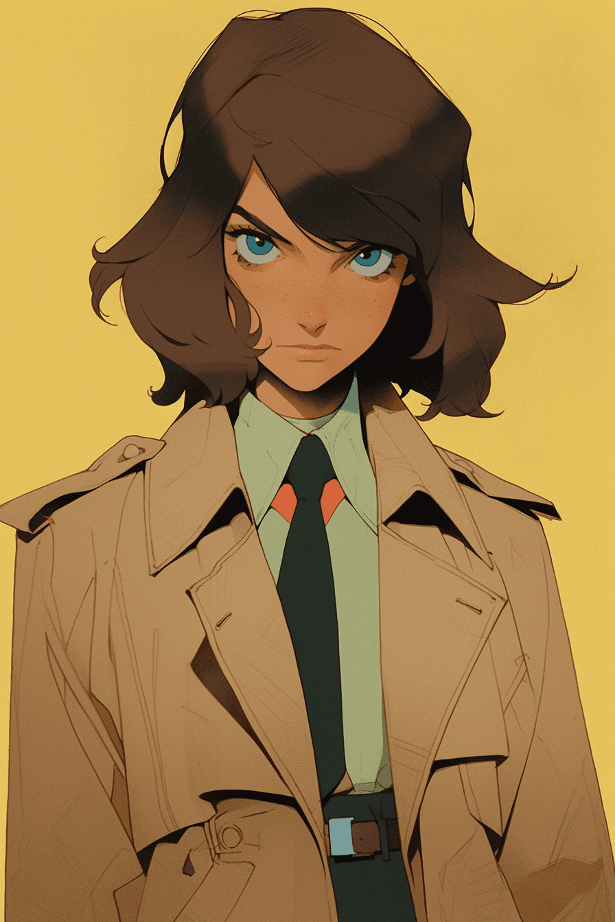 AI generated: a confident woman detective with a sleek bobbed hairstyle cut and observant brown eyes, wearing a gr...