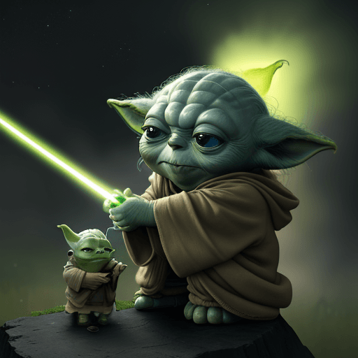 AI generated:  YODA in cosmos, 8k, light sword, happy YODA, friends YODA, anime