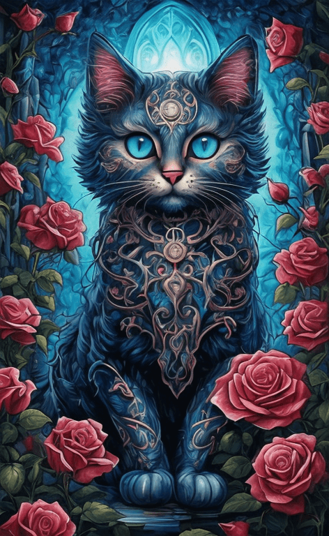 AI generated: Una pintura de un gato con ojos azules sentado en un jardín de rosas, gato detallado, Arte detallado...