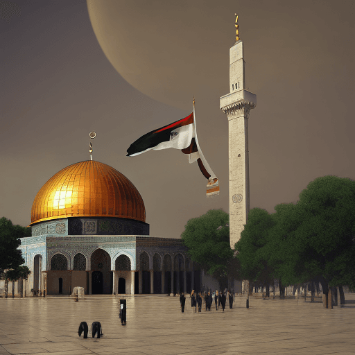 AI generated: Al-Aqsa Mosque in cloudy and rainy weather in dim sunlight and there are soldiers and warplanes with...