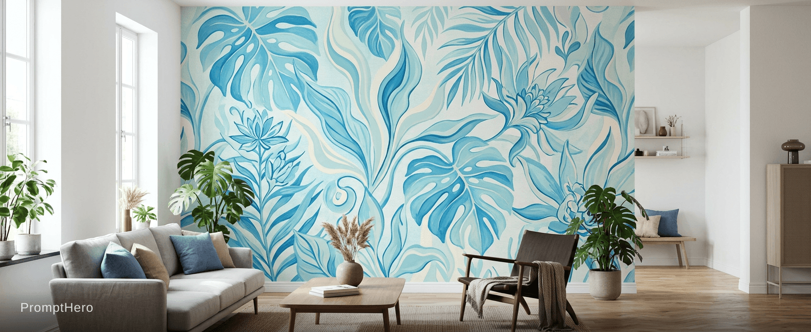 AI generated: our wall is 24x10 ft.  we like light blue colors with large print.  
