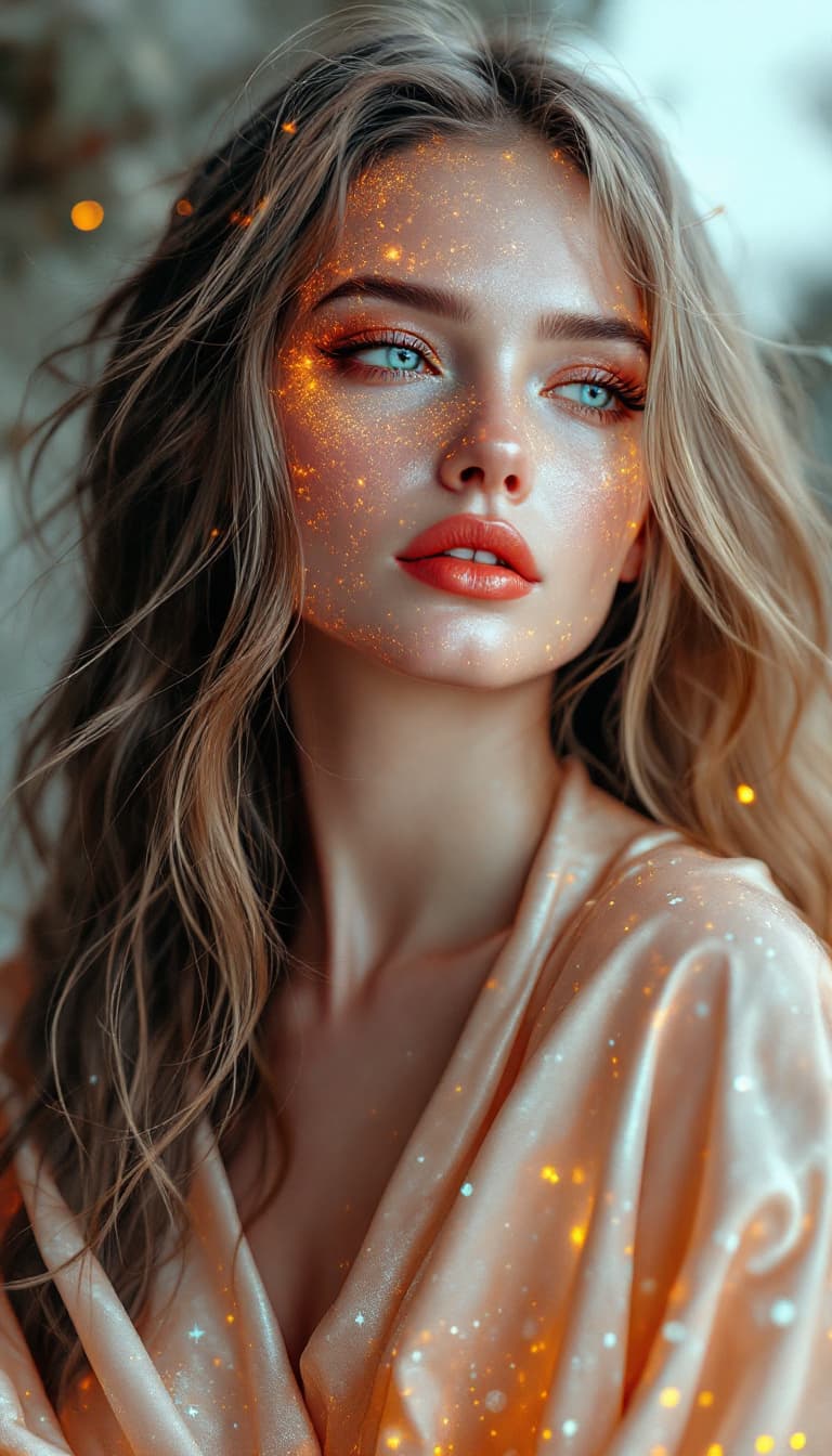 AI generated: Beautiful, long hair, woman with skin made entirely of shimmering pearl texture, alluring look, irid...
