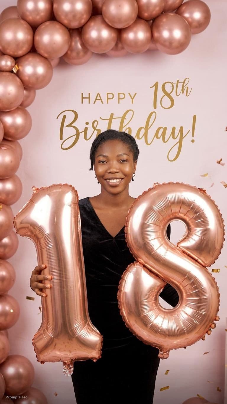 AI generated: Birthday photo studio shoots for 18 year old lady. Don't change or edit her face.