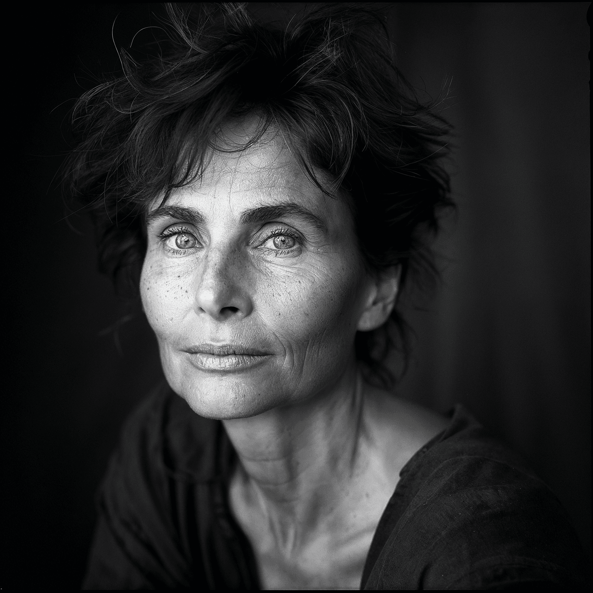 AI generated: a beautiful black & white portrait photography of a woman, 50 years old, beautiful eyes, short tousl...