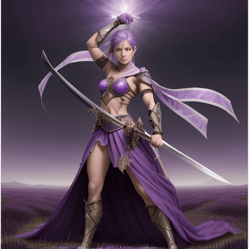 AI generated: A full-body image depicts a female warrior dressed in purple, a lone cancer survivor, standing on a ...