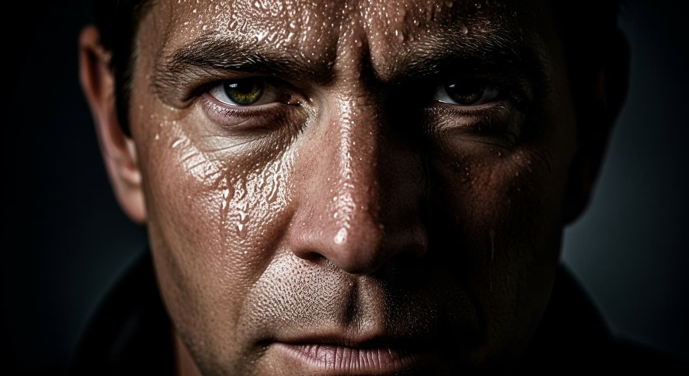 AI generated: masterpiece extreme close up of a man's face (showing signs of having worked outdoors - sweaty, tire...
