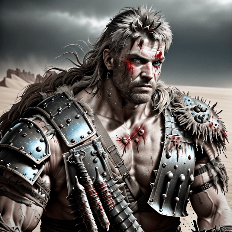 AI generated: portrait of an insanely detailed rugged ethereal muscular mad max warrior, war pose, armor, long mes...