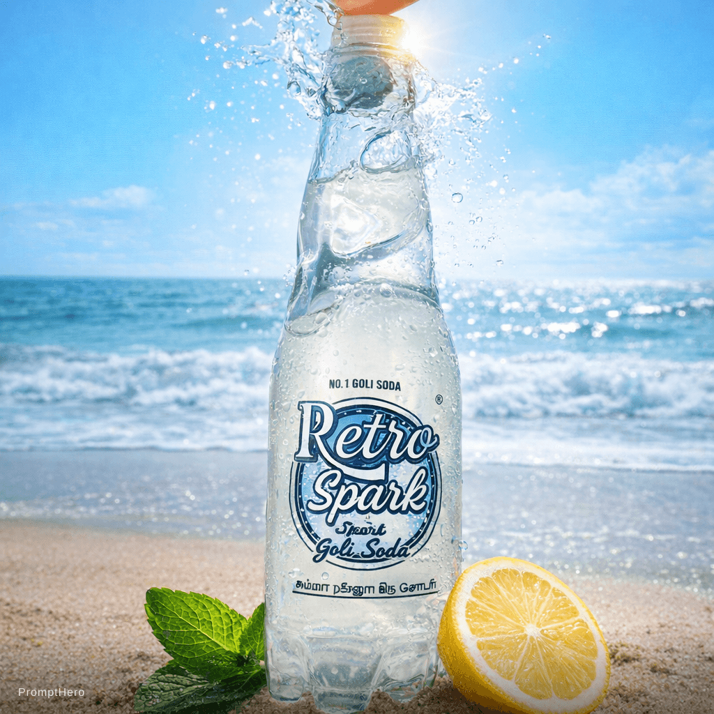 AI generated: {
  "scene": "Product Photography - Goli Soda bottle on Beach",
  "subject": {
    "type": "Goli Sod...