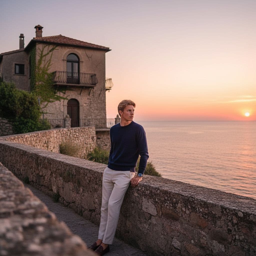 AI generated: Hyper realistic eye level exterior photo of a old italian picturesque style house overlooking the oc...