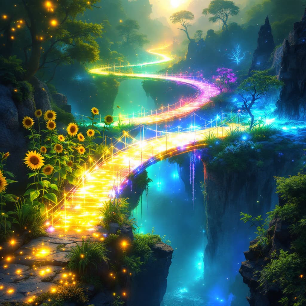 AI generated: 
"Create an photorealistic pictue of a bridge made entirely out of glowing, colorful lights that con...