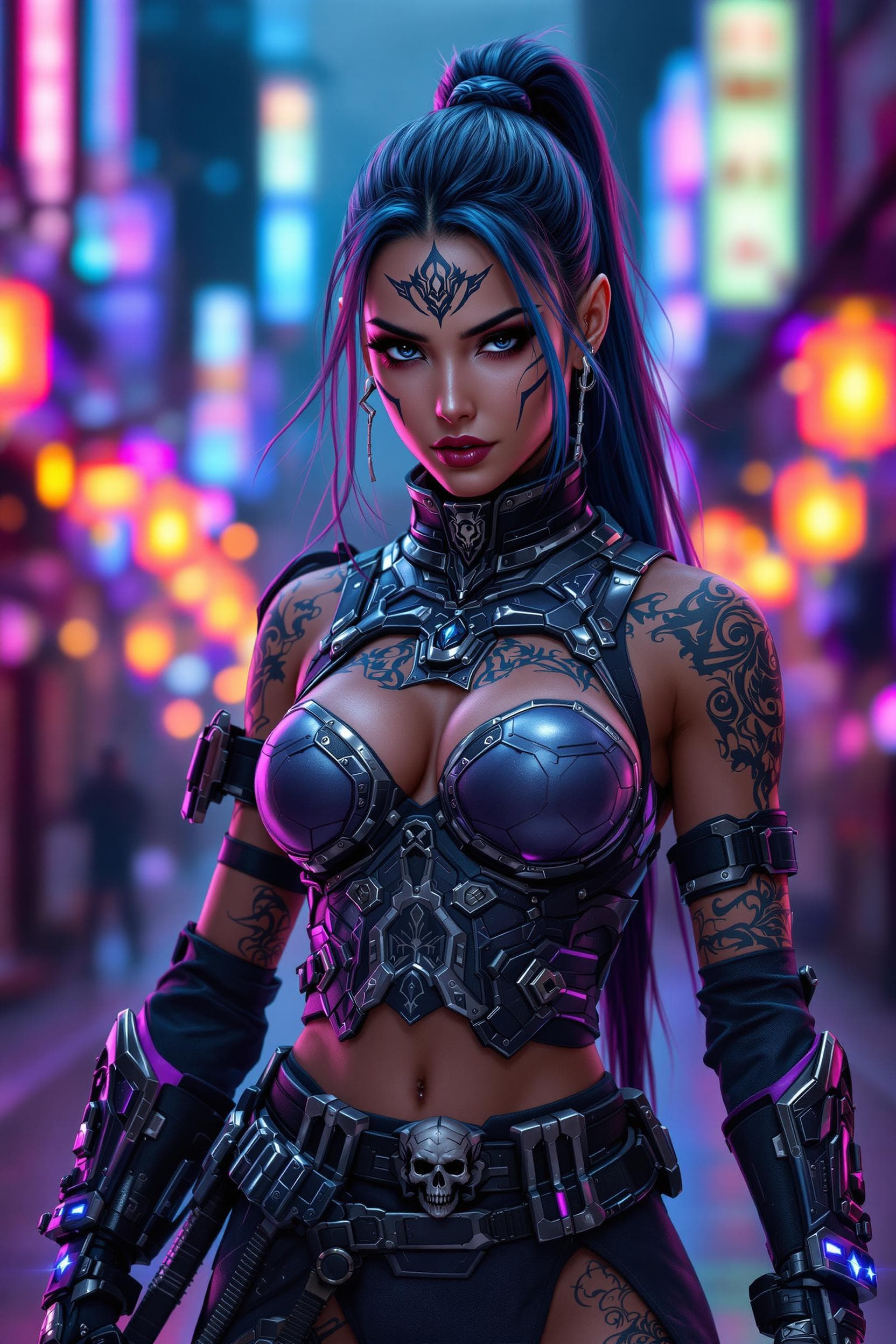 AI generated: Cyberpunk warrior woman, wearing a high-tech armored outfit with intricate patterns and royal engrav...