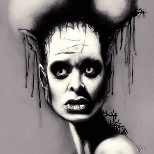 AI generated: portrait of bride of frankenstein, (cleavage), (busty),blonde, dreamy and ethereal, expressive pose,...
