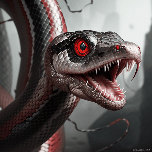 AI generated: create a hyper-realistic snake staring fixedly at its target, its piercing red eyes locked in a pred...