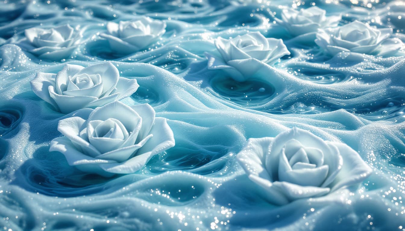 AI generated: sea scape and ocean waves with sea foam, waves are forming ,multiple tea roses shaped bouquets, in 3...