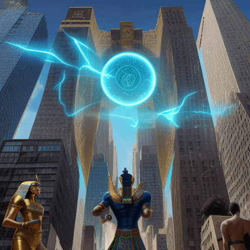AI generated: Egyptian Gods coming out a bright  
 interdimensional portal  in the middle of Manhattan surround by...
