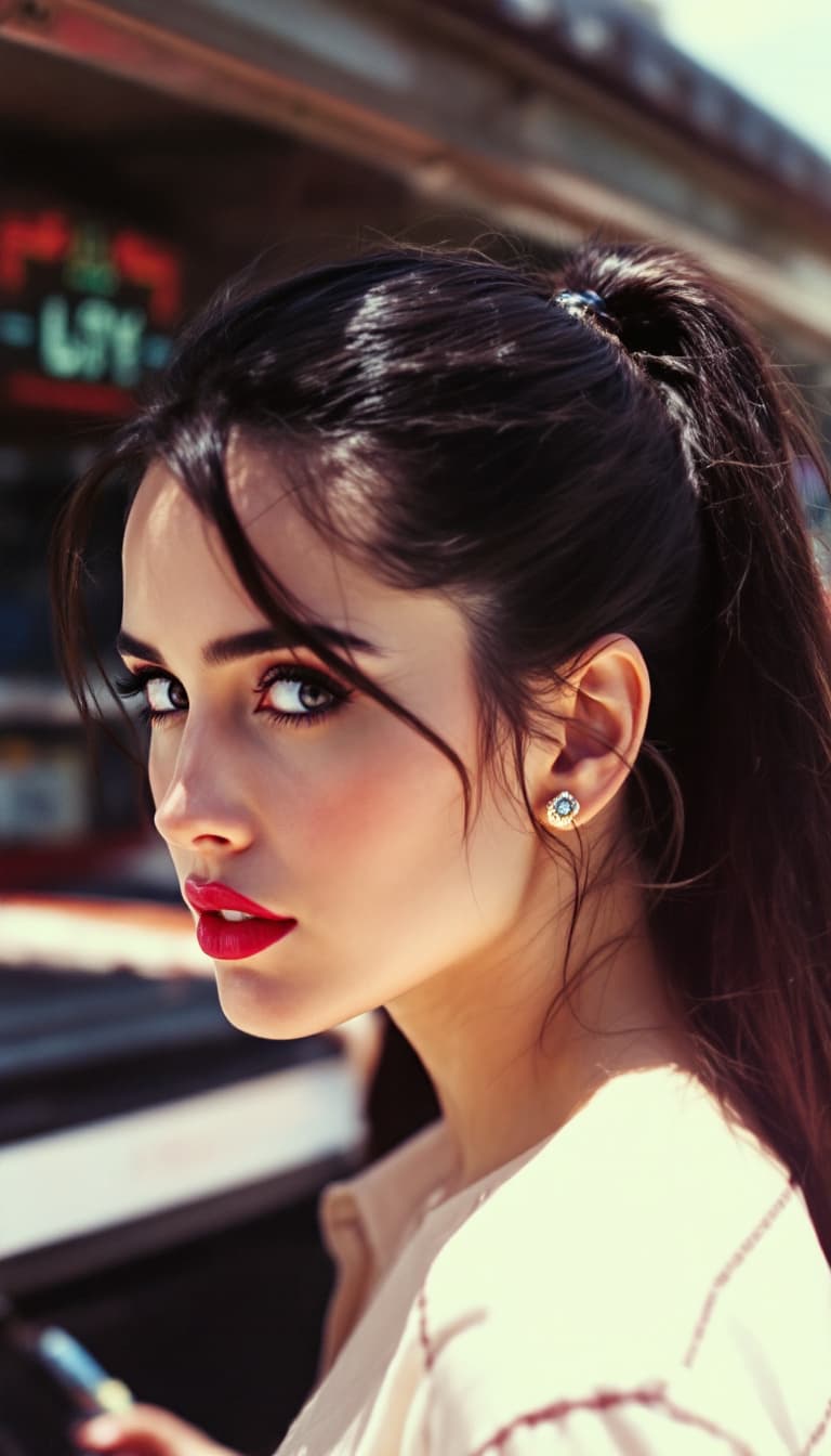 AI generated: 60's Polarized photo , Jennifer Connelly,ponytail hairstyle, feeling love.