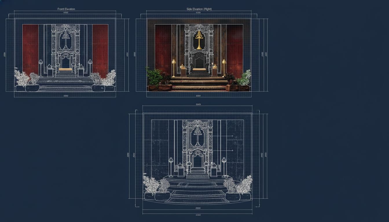 AI generated: create a 3d plan of this studio throne with the 3 sides in view 