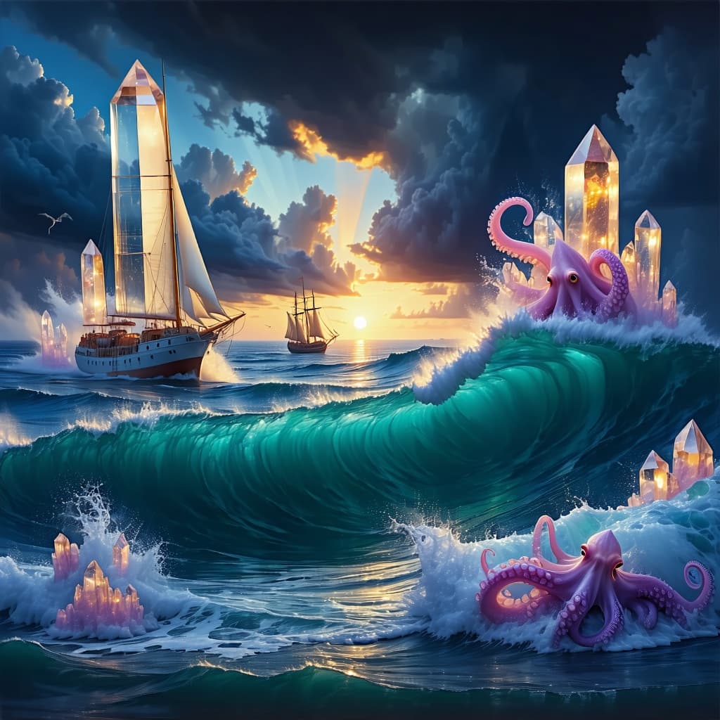 AI generated:  Psychedelic, surreal, A stormy ocean with towering waves crashing onto giant quartz crystals, dark ...