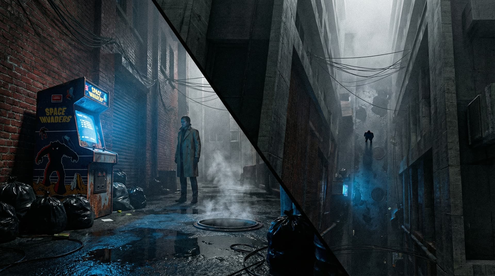 AI generated: An extreme cinematic diagonal split-scene composition, bisecting the frame from top-left to bottom-r...