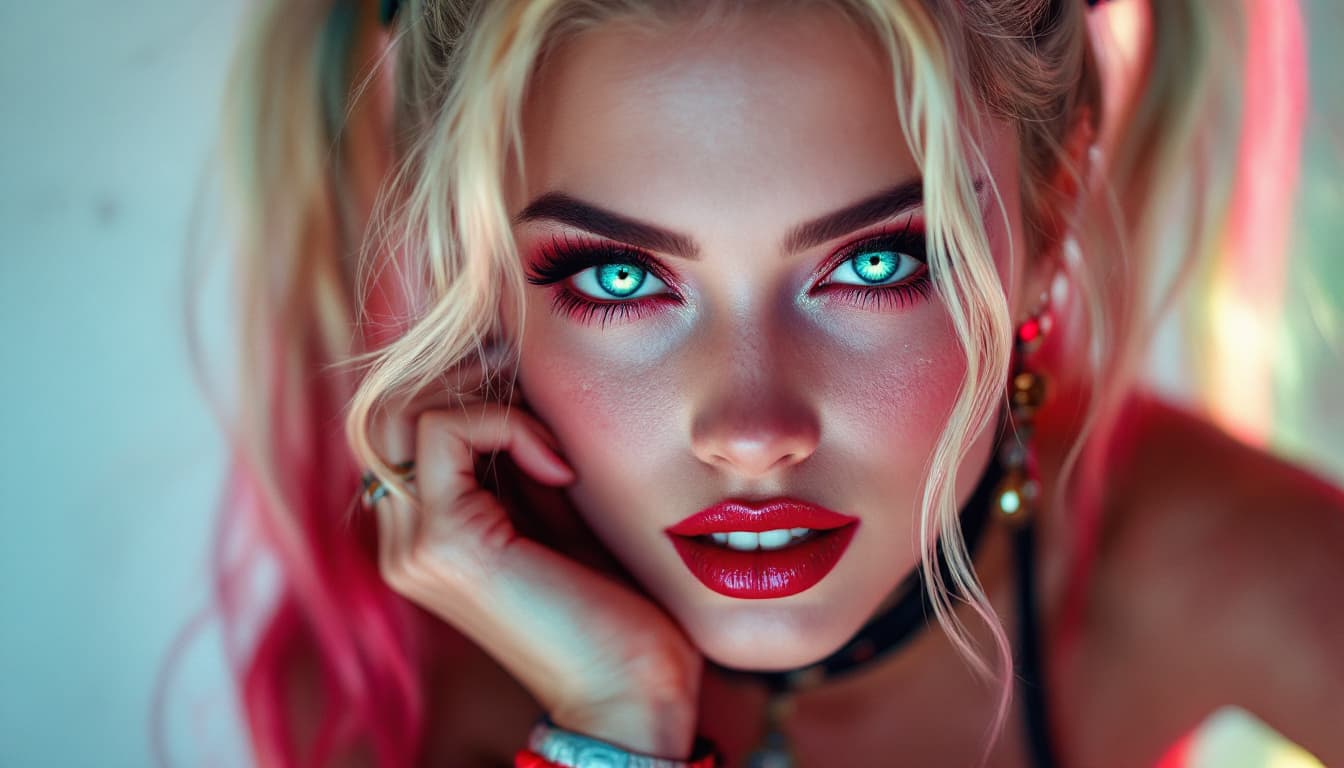 AI generated: A stunning masterpiece showcasing a Harley Quinn portrayal, radiating charm and mischief. She is wea...