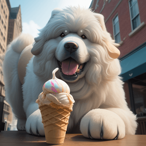 AI generated: Big fluffy dog is eating ice cream 8k, intricate detail, photorealistic, realistic light, wide angle...