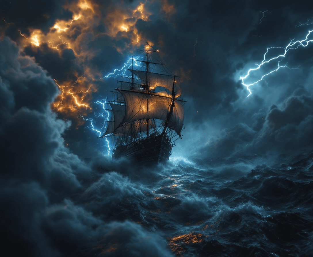 AI generated: A bird's eye view, Photo of a ultra realistic sailing ship, in the early 1800's, caught in midst of ...