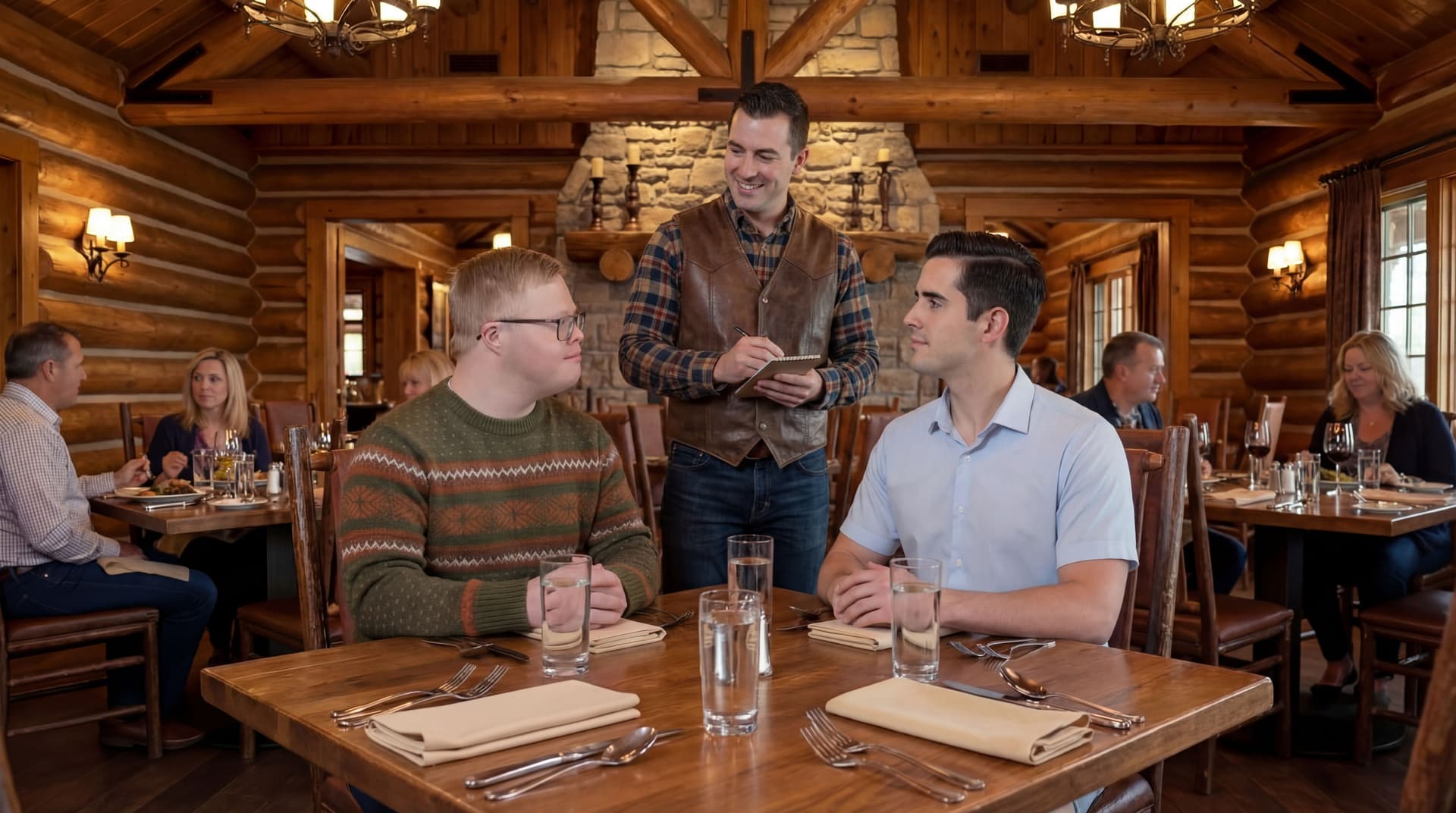 AI generated: Same image. Add a restaurant waiter in the middle of the two individuals. The waiter is wearing a ni...