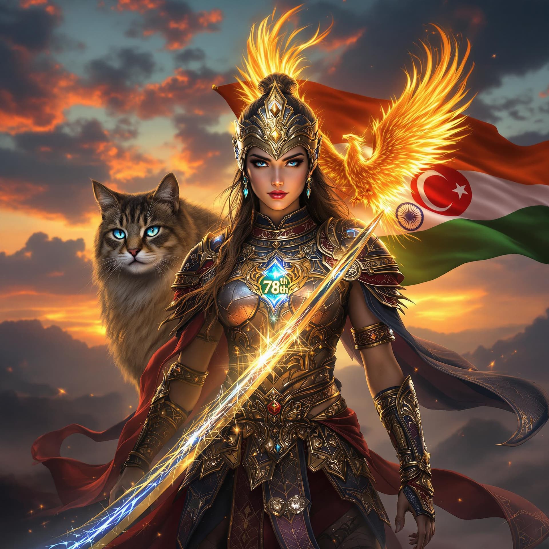 AI generated: A fierce girl warrior clad in traditional armor inspired by ancient Turkish mythology, holding a swo...