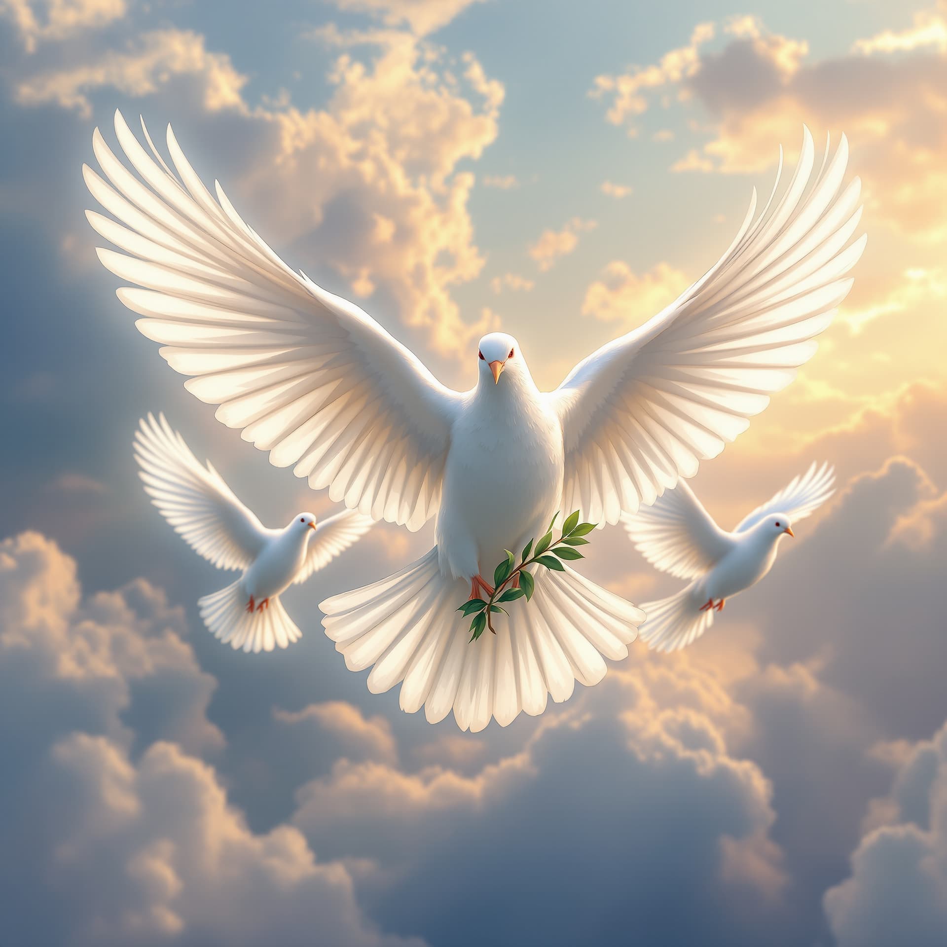 AI generated: FRONT VIEW OF 3 realistic DOVES FLYING WITH WINGS FULLY EXPANDED, 1 DOVE IS BIGGER IN THE FRONT with...