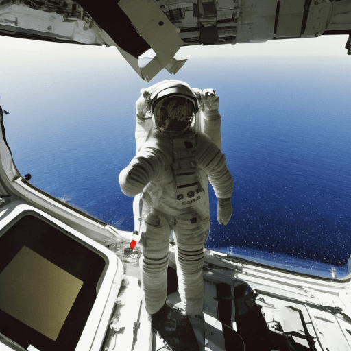 AI generated: An astronaut watches the sea view from a high hill with his suitcase in his hand