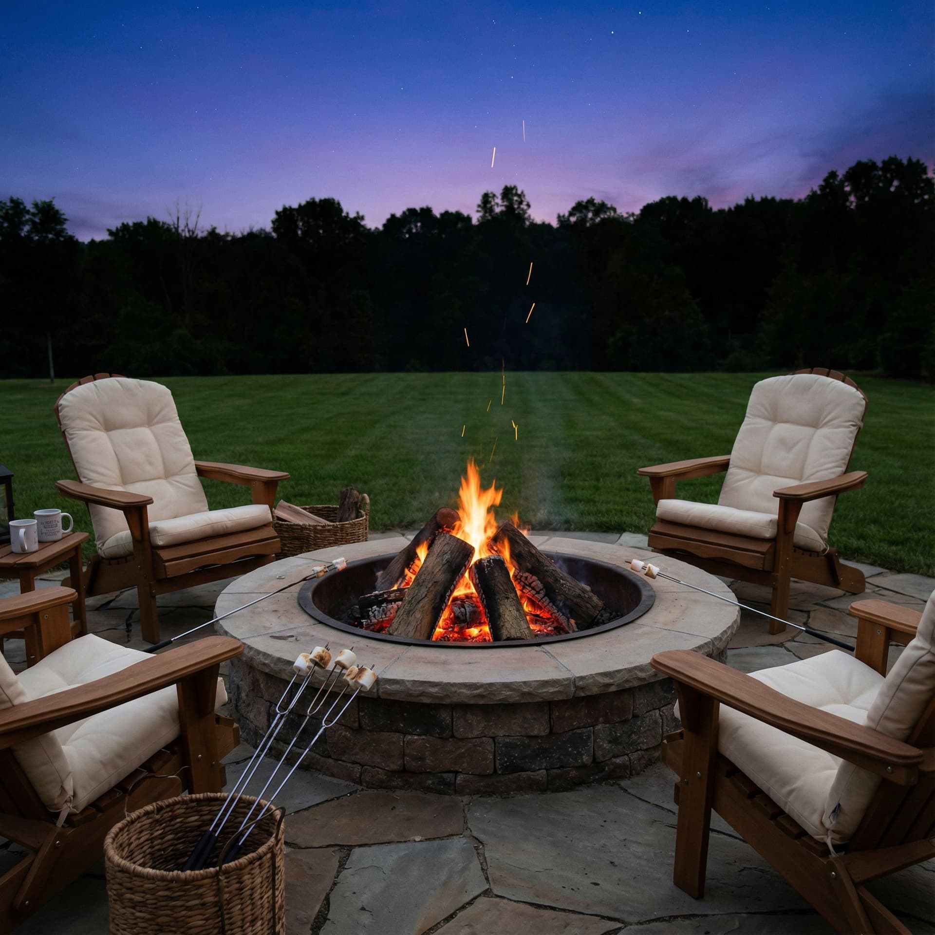 AI generated: Photorealistic scene of a modern stone fire pit in a backyard patio at twilight, with crackling oran...
