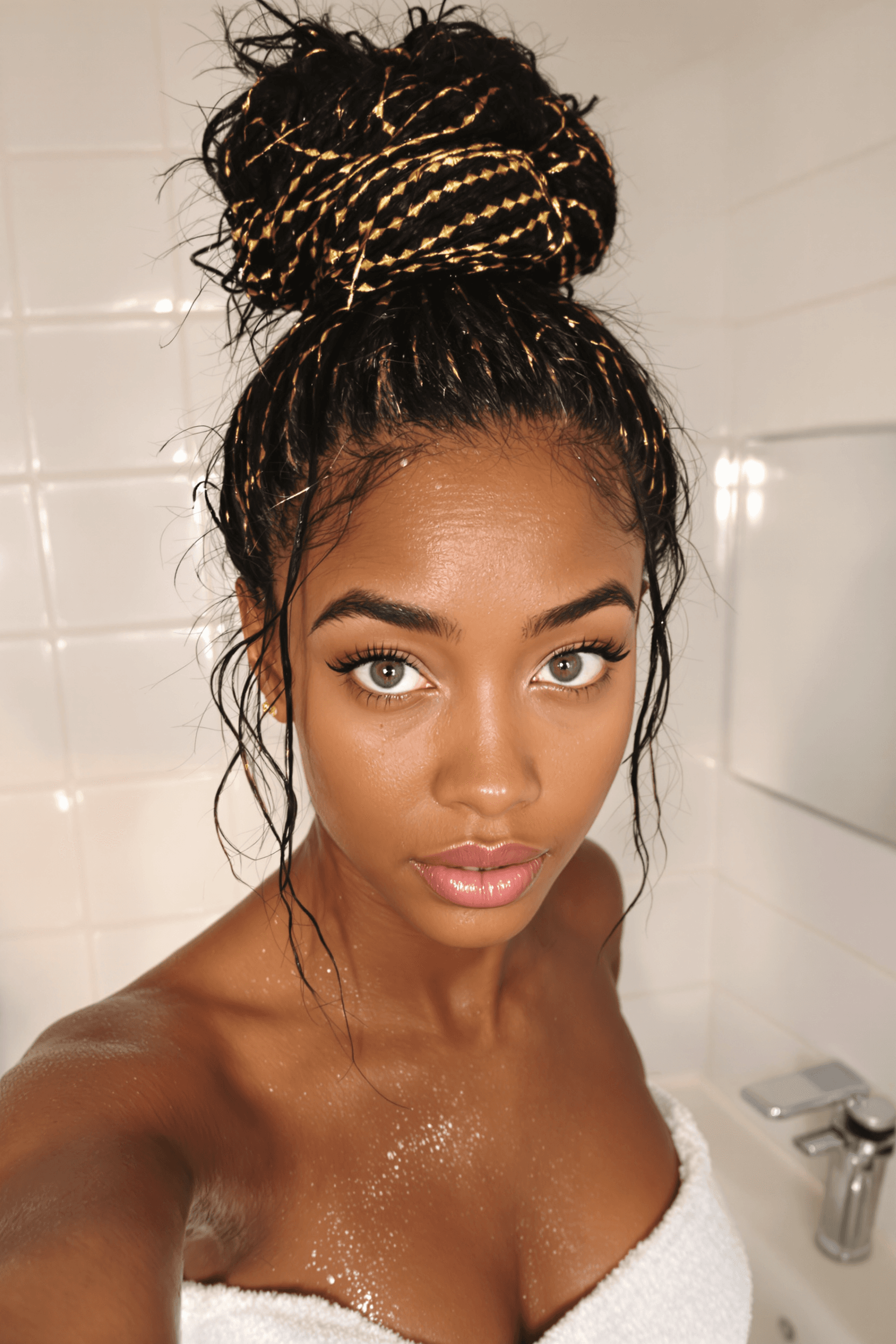 AI generated: A high-quality, 4K selfie of a 20-year-old woman, captured in a bright, well-lit bathroom just after...