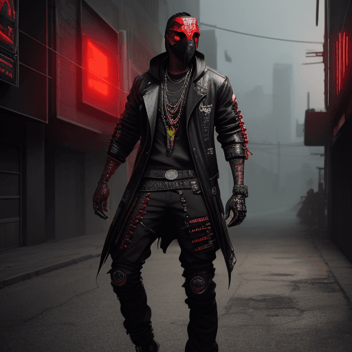AI generated: angry black male rapper, red eyes, pose, mask, full body, street, cyberpunk, wild west, intricate ar...