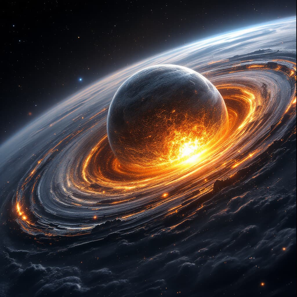 AI generated: generate a unique image, Illustrate a cinematic, ultra-high-definition view of a planet as its core ...